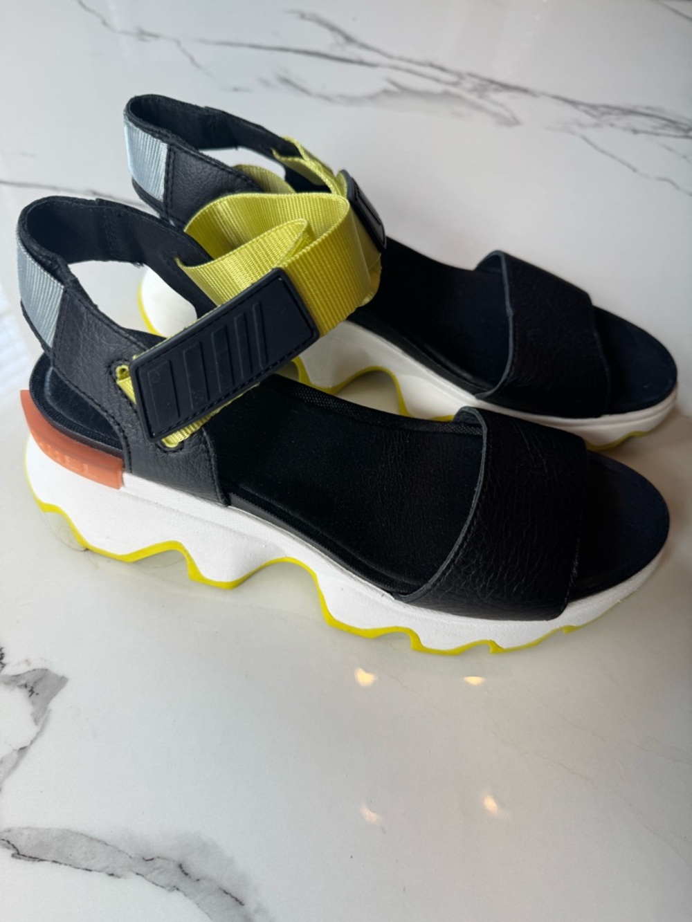 Sorel Black and Yellow Platform Sandals for Women
